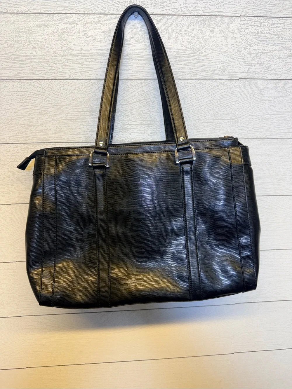 Diane Von Furstenberg Black Textured Leather Tote with Silver Buckles
